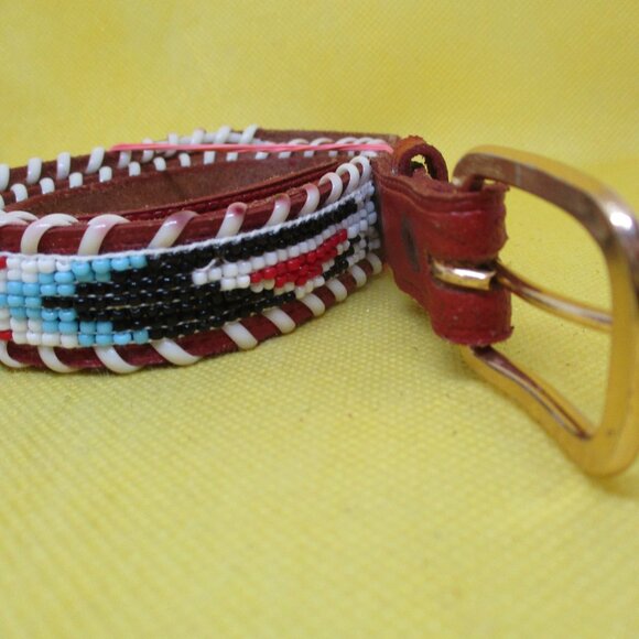 Seed Bead Tan Embossed Genuine Leather Belt Gold Tone Buckle Southwestern Belt - Picture 3 of 7